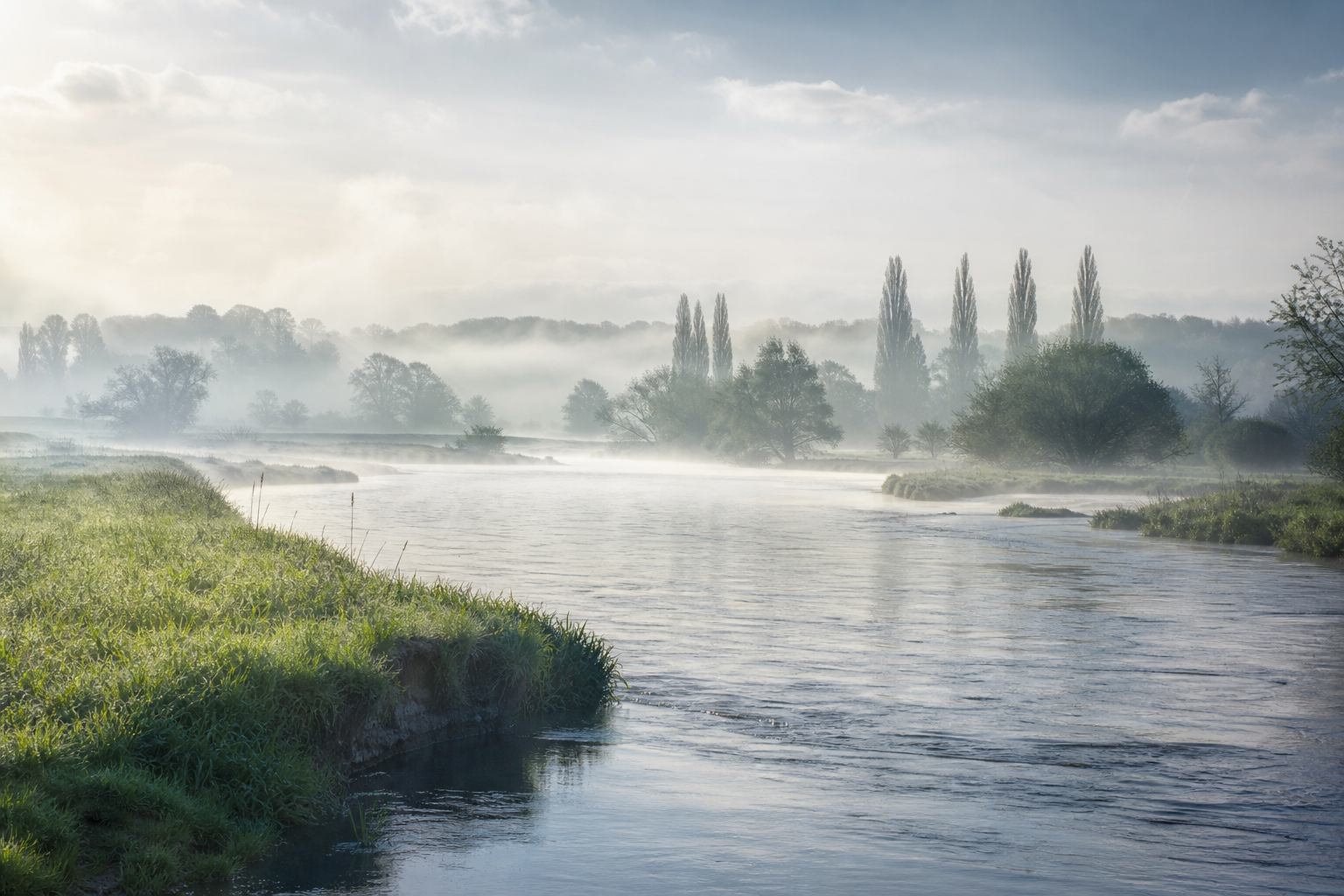 Ruhiger Anleger an der Elbe mit Wiesenlicht