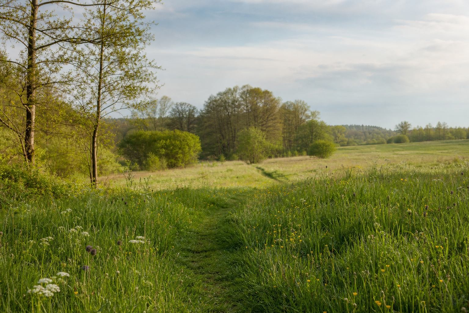 Junge Frühlingswiesen und offene Felder in weichem Morgenlicht